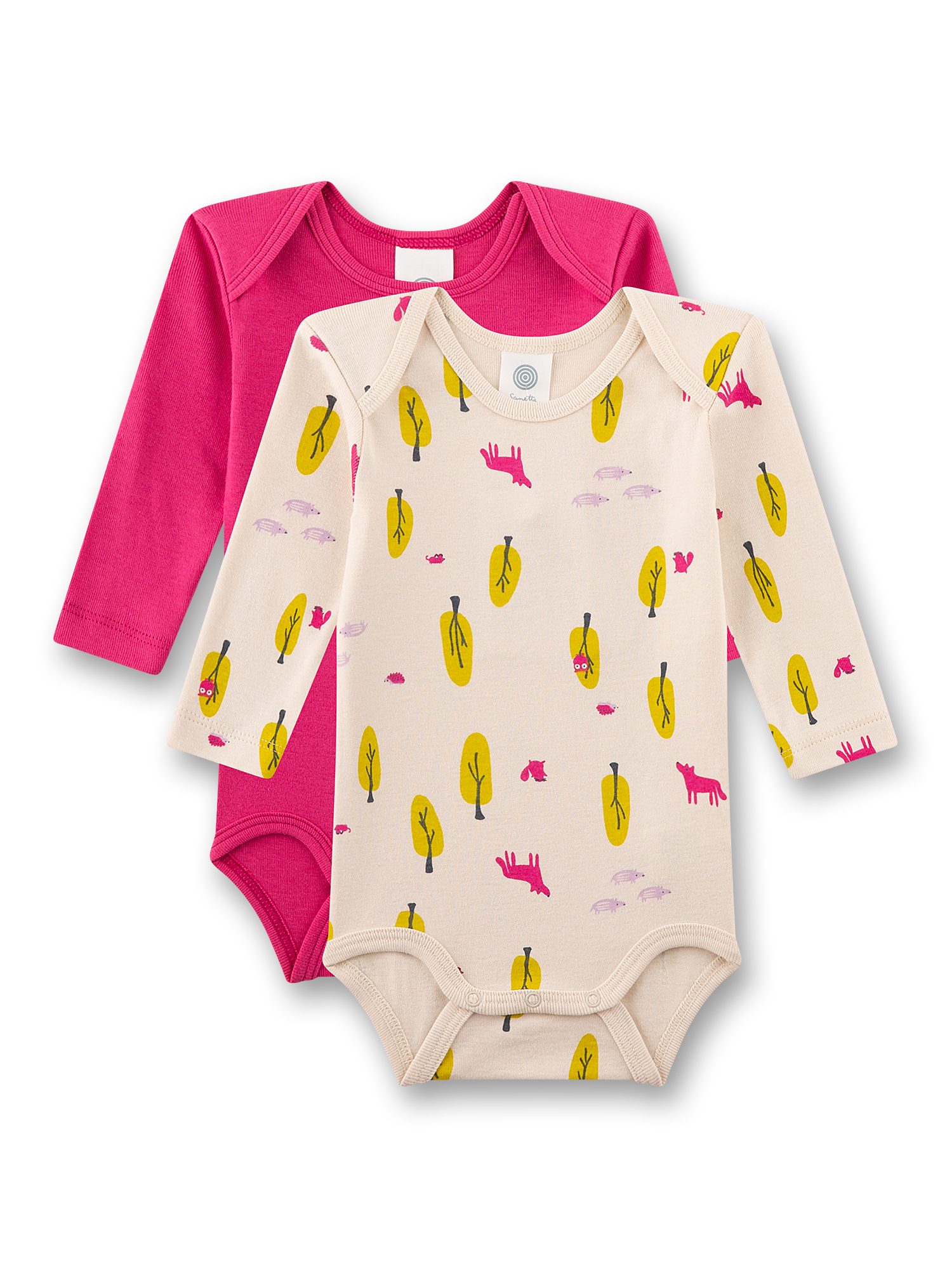 bodysuit, langarm, beige mit print, gelbe blätter, pinke akzente