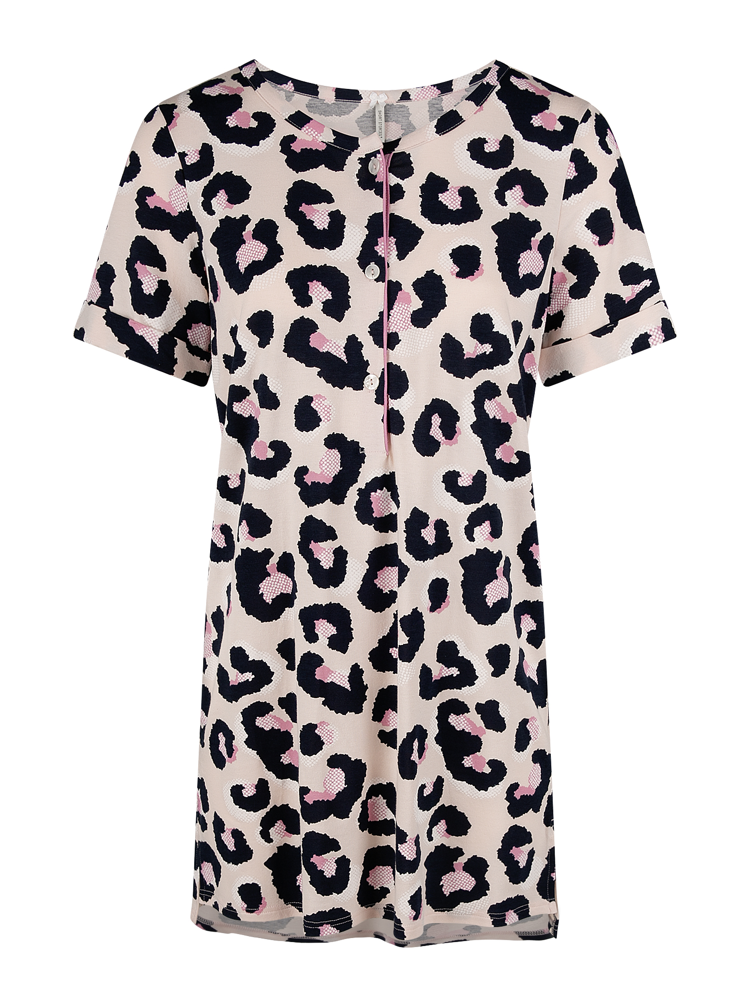 Kleid, Leopardendruck, Kurzarm, Beige, Knopfverschluss