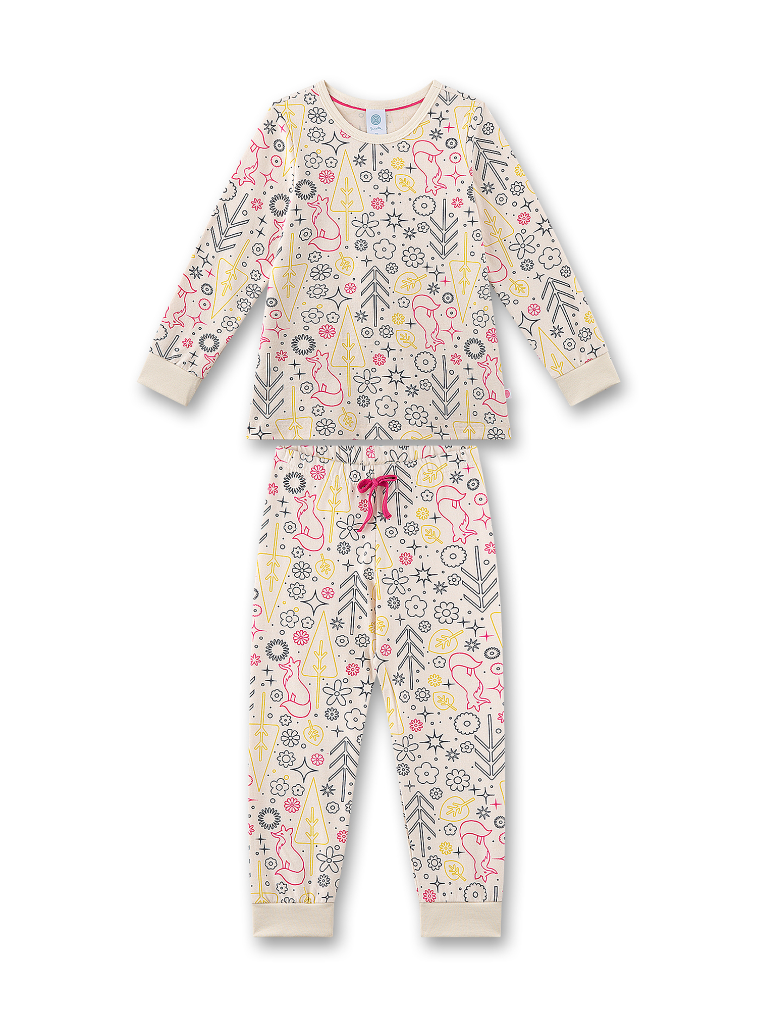 Pijama-Set, Langarm, Trainingshose mit Kordel, Blumenmuster, Tiersilhouetten