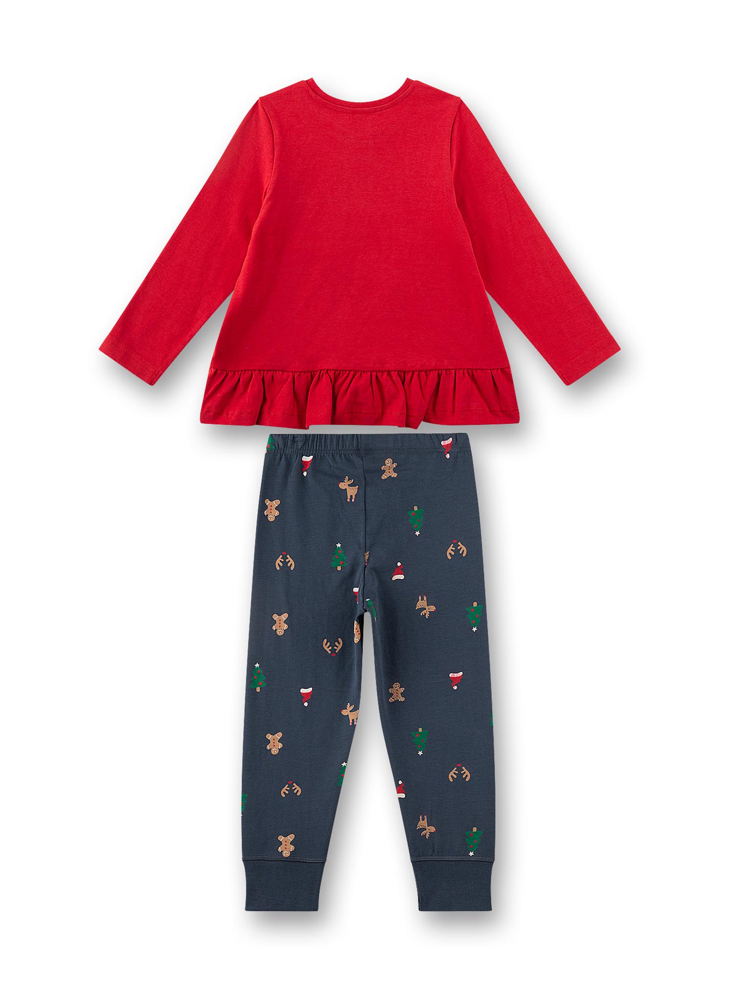 Kinderpyjama, rotes Langarmshirt, Rüschenvolant, dunkelblaue Hose, Weihnachtsmuster