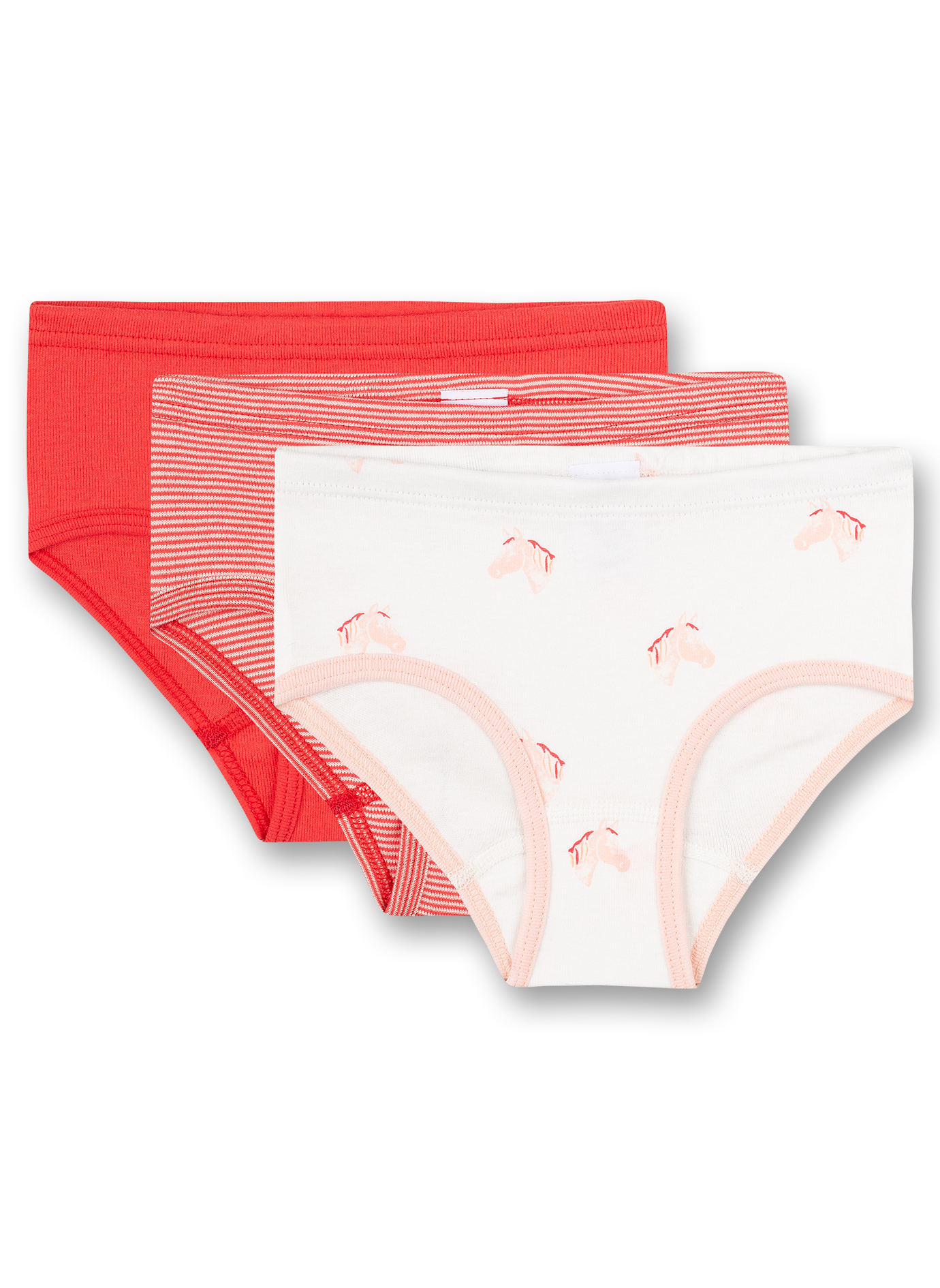 Mädchen-Hipslips (Dreierpack) Pferde-Allover in Weiß Roter Ringel und Rot