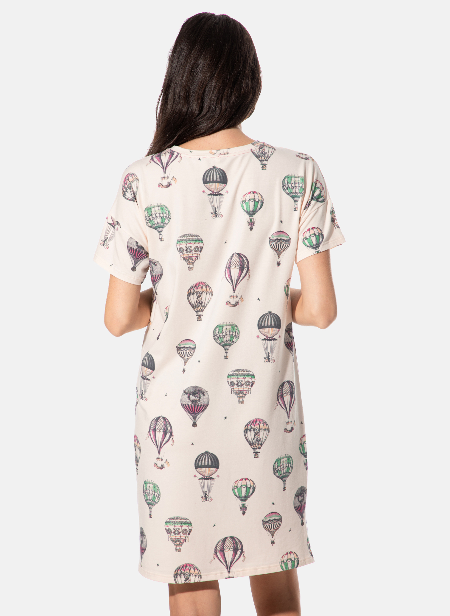 Kleid, Kurzarm, Druck, Ballonfahrt-Motiv, Beige