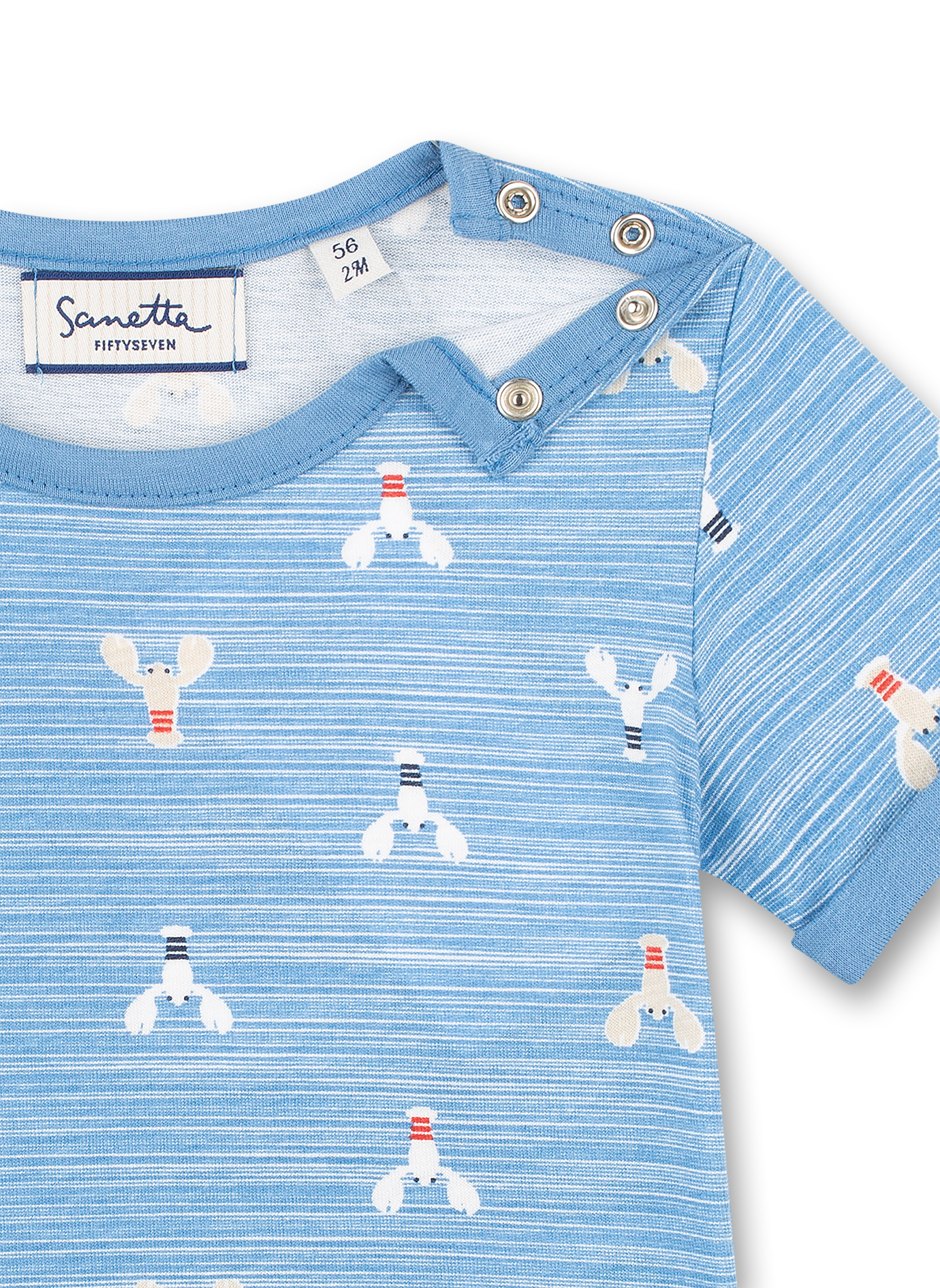 baby shirt, blau gestreift, hundemotiv, druckknopf, kurzarm