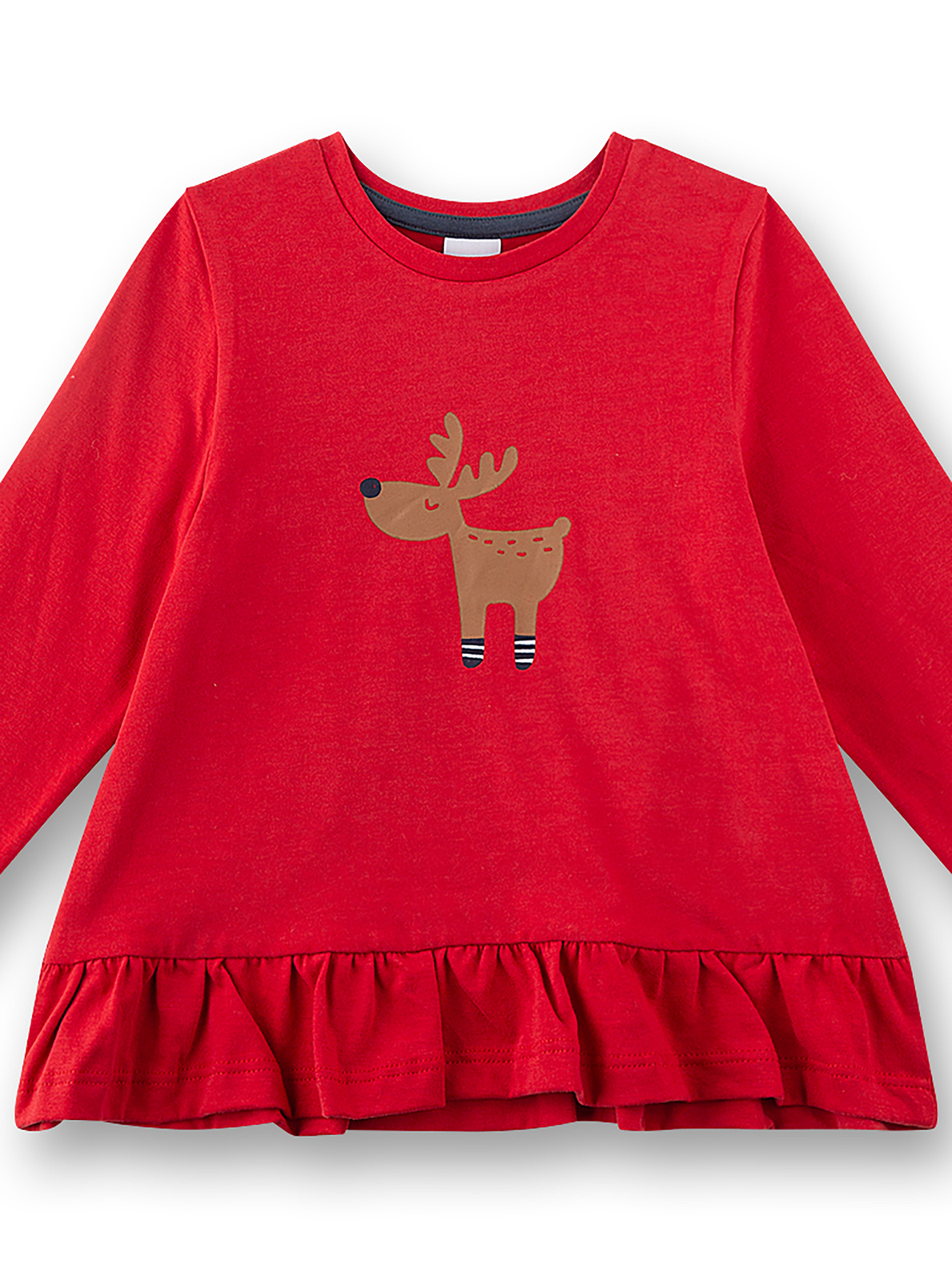 Kinderpullover, Rot, Langarm, Rüschensaum, Rentiermotiv