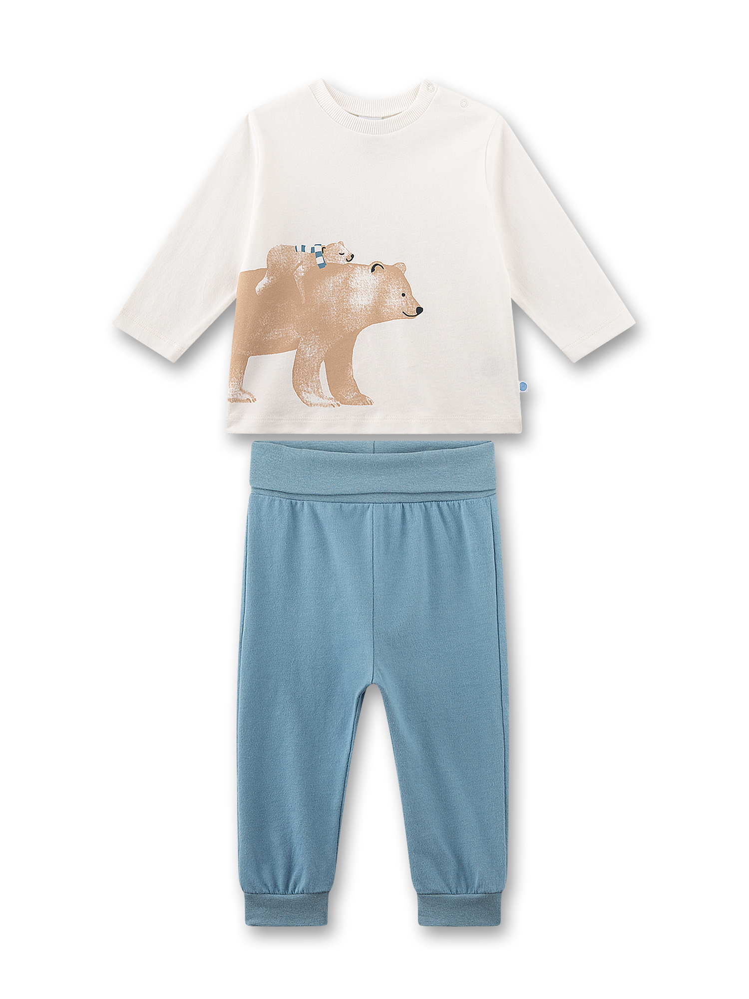 Kinderoutfit, Spitzenheld, Beine lang, Pulli mit Bär, Blau- graue Hose