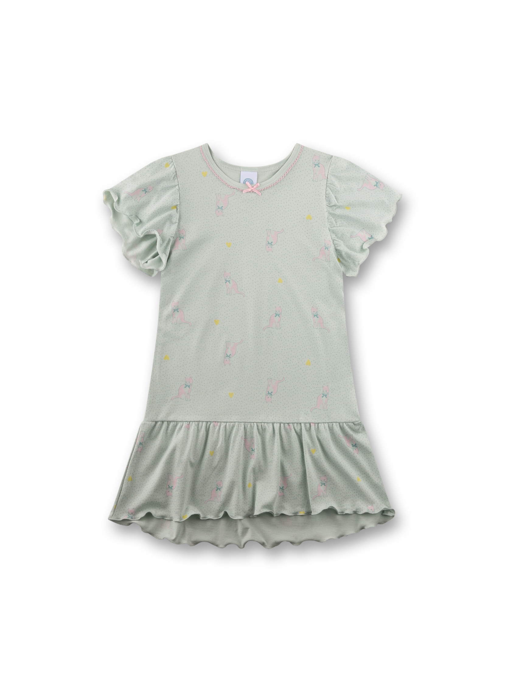 Bluse, Kleidung, Kleidung, Kinderkleid, Kurzarm, Rüschen, Muster: Katzen, Mintgrün, Rippoptik