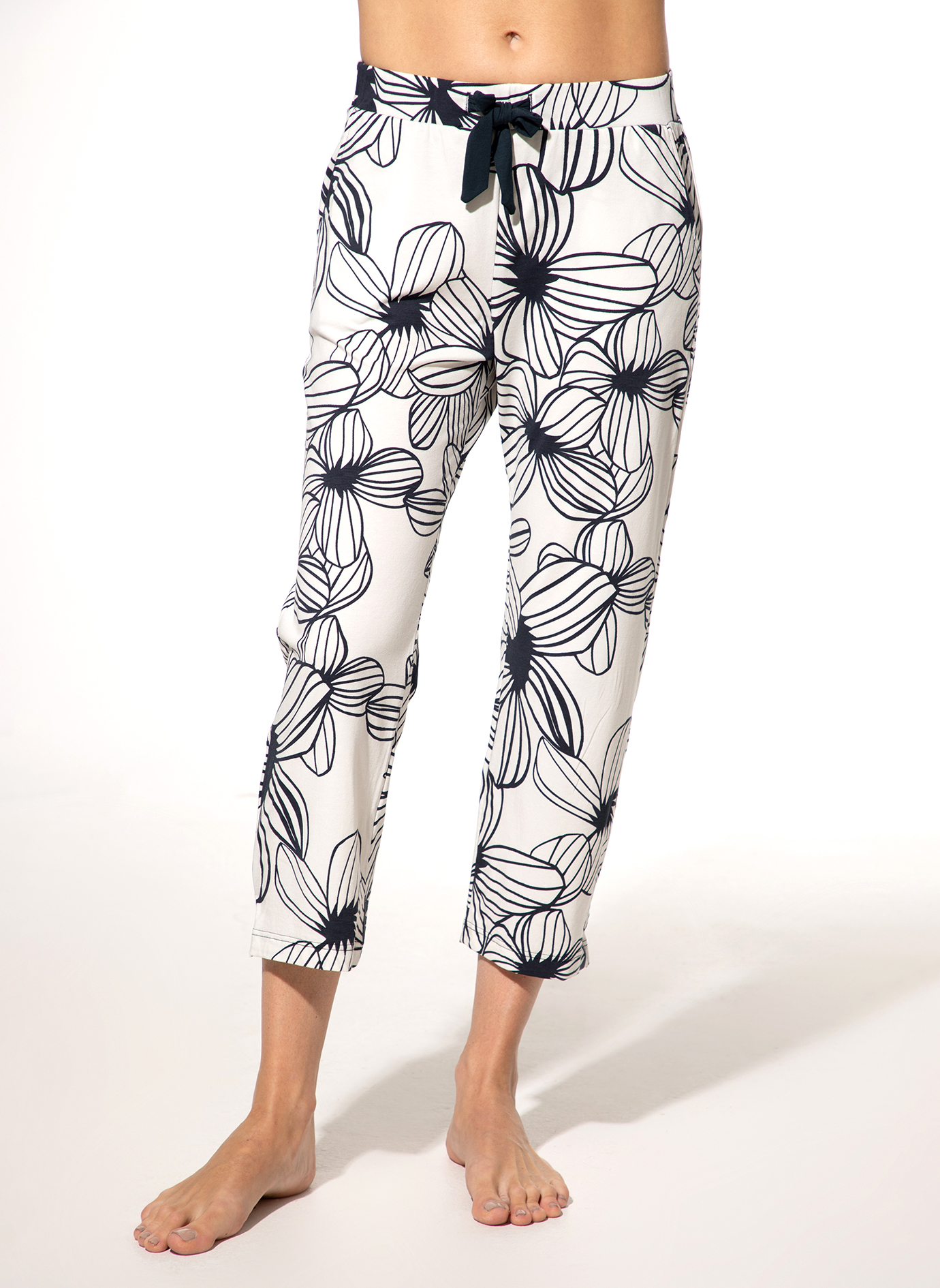 Damen 7/8-Schlafhose Dunkelblau Blumen