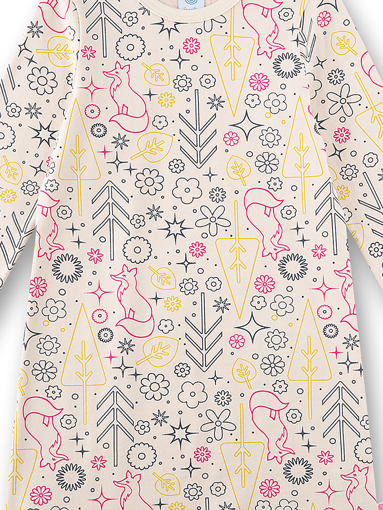 Kleidung, Kinderpullover, Print, Waldmuster, Rosa Gelb Schwarz