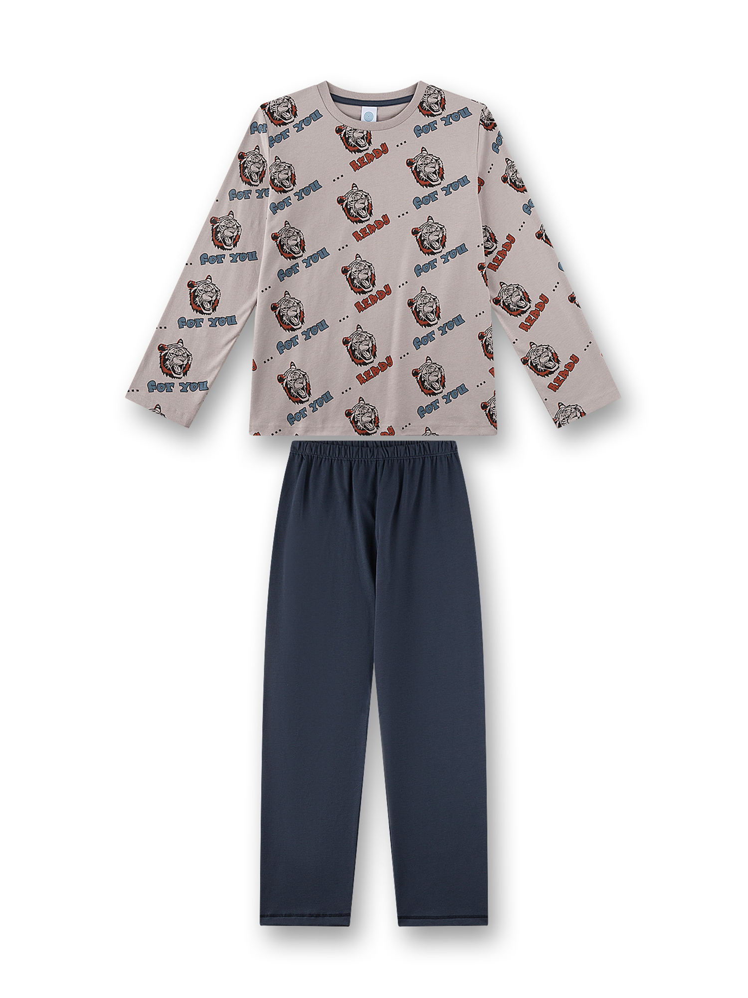 Langarmshirt, Tigerprint, Grafikshirt, Grauoberteil, Marineblaue Hose