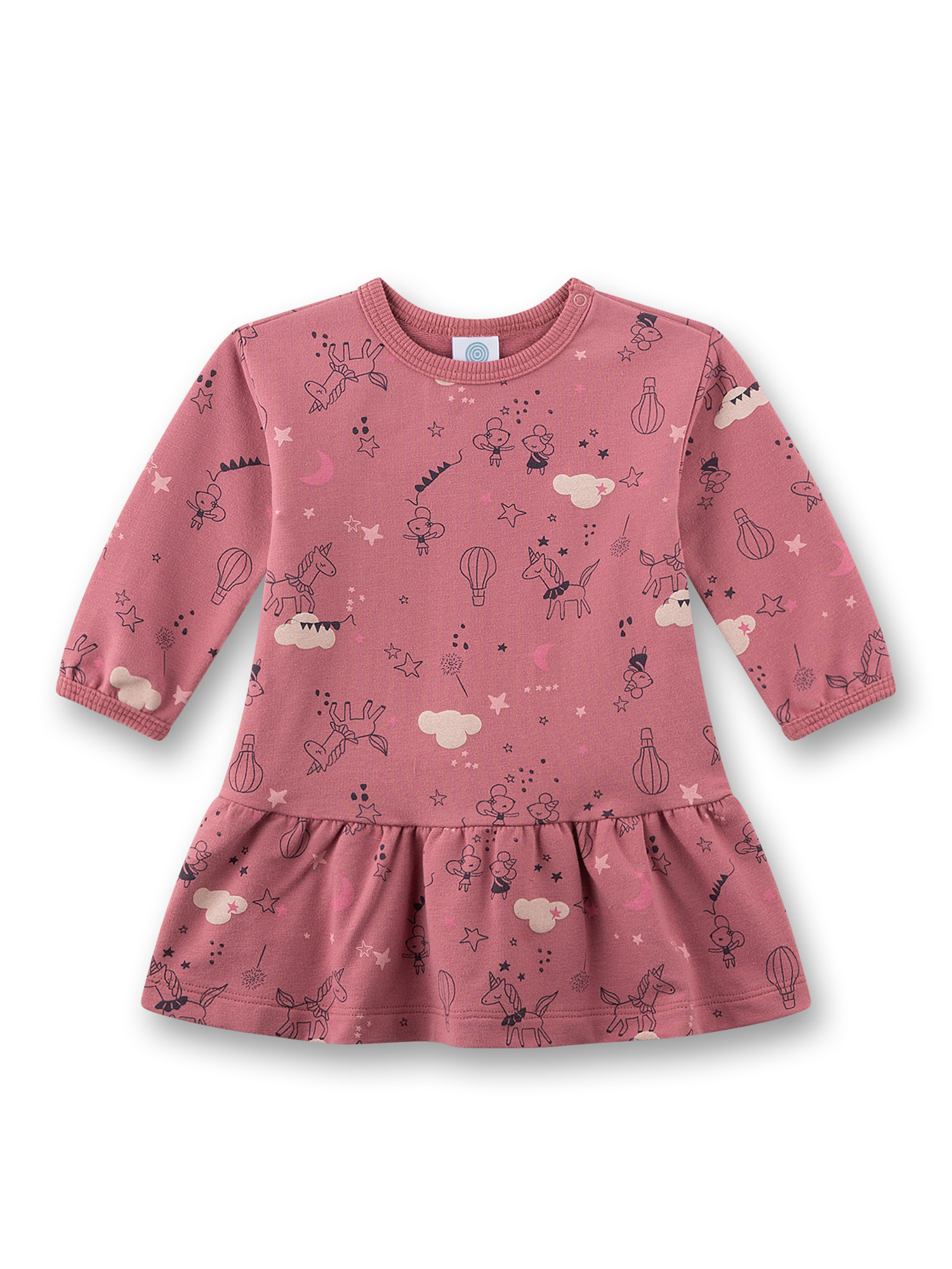 Kleid, Langarm, Rosa, Gemustert, Rüschensaum