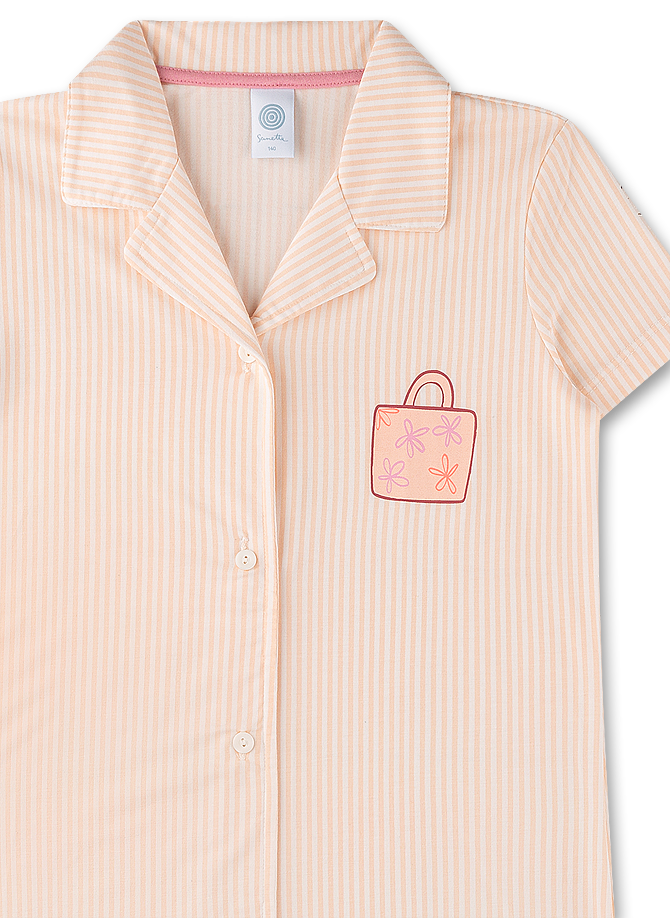 Pajama-Top, Streifen, Kurzärmelig, Applikation Tasche, Pfirsichfarben