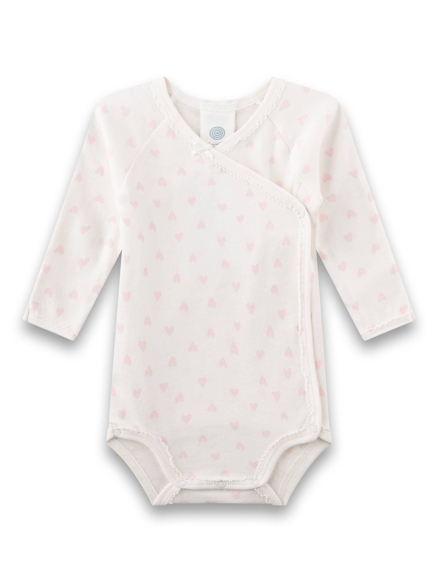 Babybodysuit, Langarm, Überlappung, Weiß mit rosa Herzen, Babykleidung