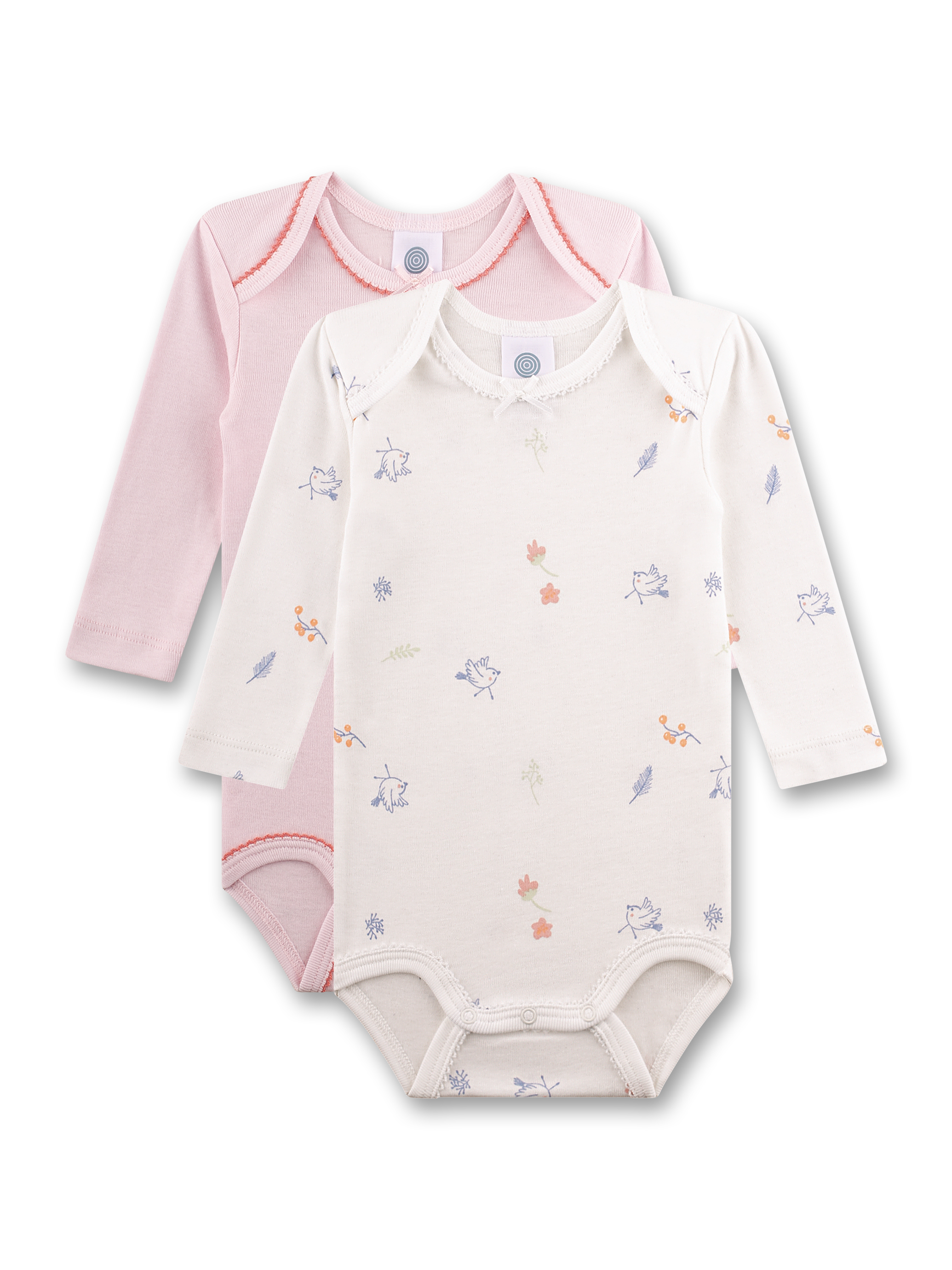 Baby-Body langarm (Doppelpack) Rosa und Weiß mit Vögeln