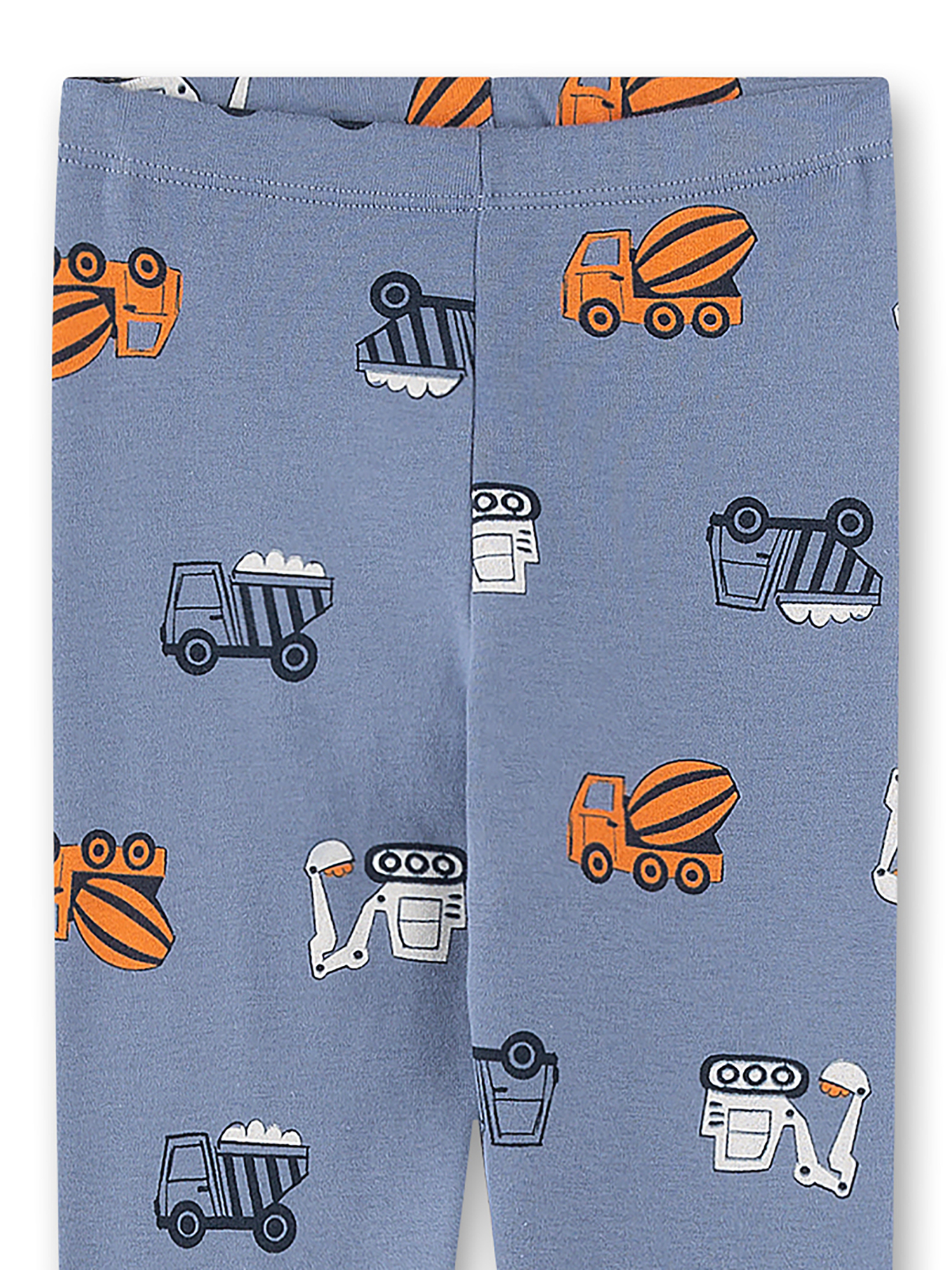 baby pants, construction trucks, blue fabric, patterned pants, kids clothing