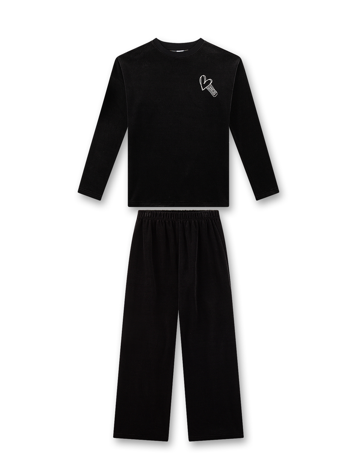 Pajamas, Langarm, Schwarz, Velvet, Herz-Stickerei