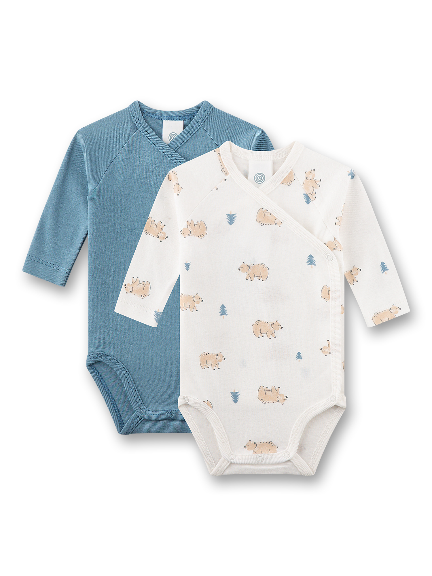 Baby-Bodysuits, Langarm, Uni blau, Bärenmuster, Latzbody