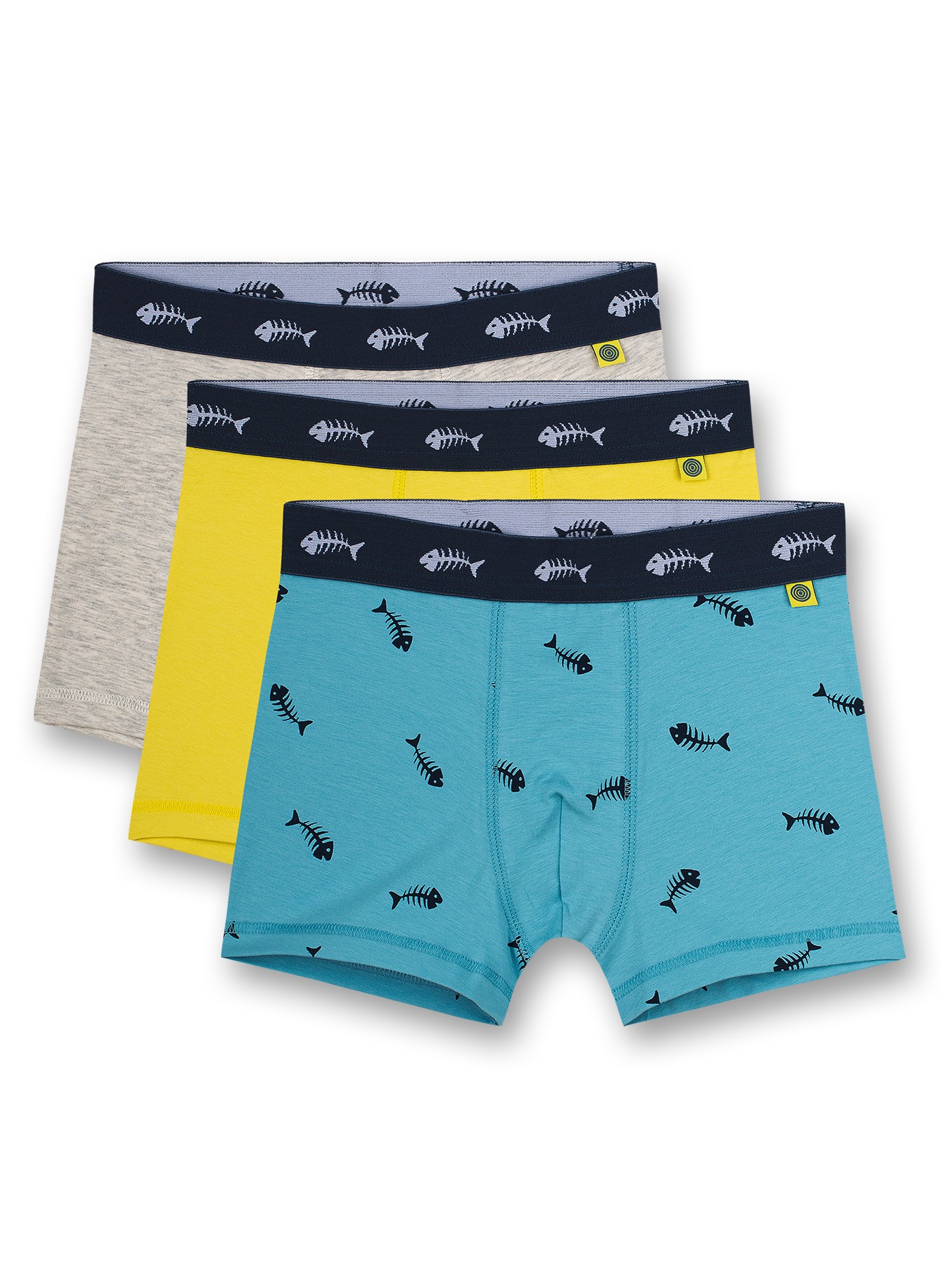 Jungen-Shorts (Dreierpack) Gelb Graumelange und Fischgräten-Allover in Hellblau