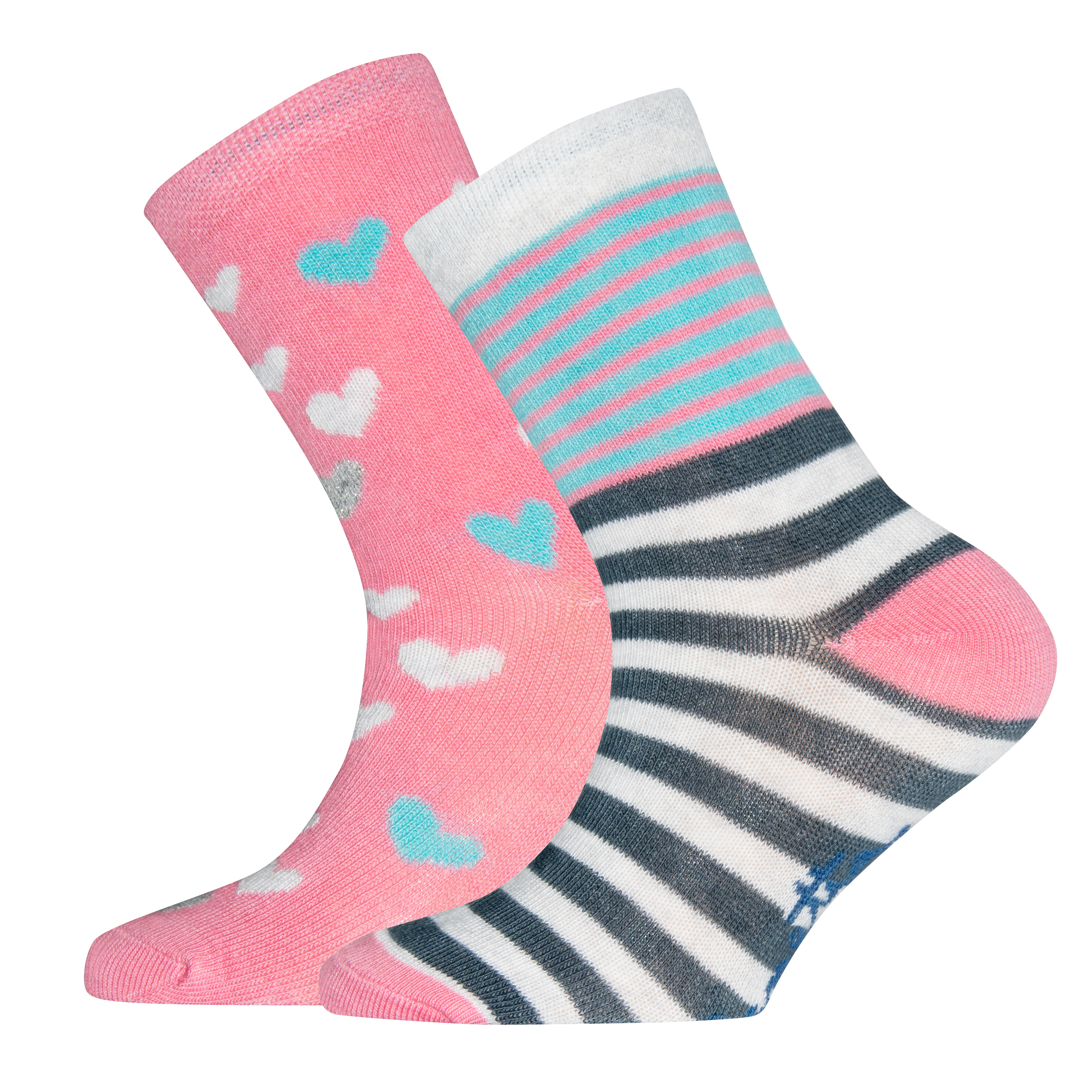 Mädchen-Socken (Doppelpack) Pink Herzchen Ringel