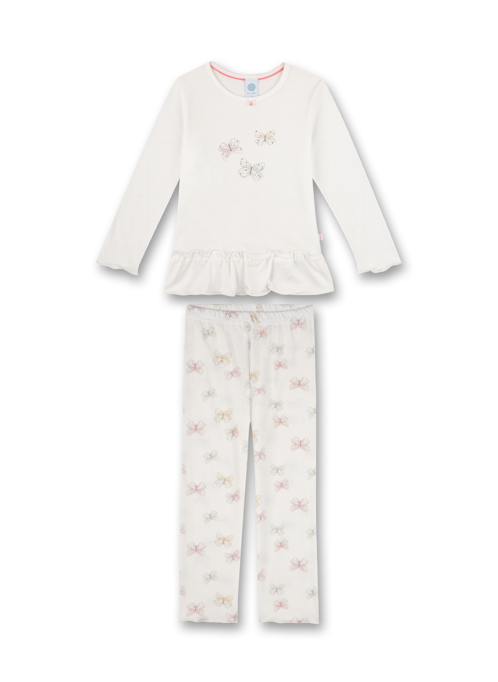 Pyjama, Langarmshirt, Rüschen, Schmetterlingsmuster, Weiß
