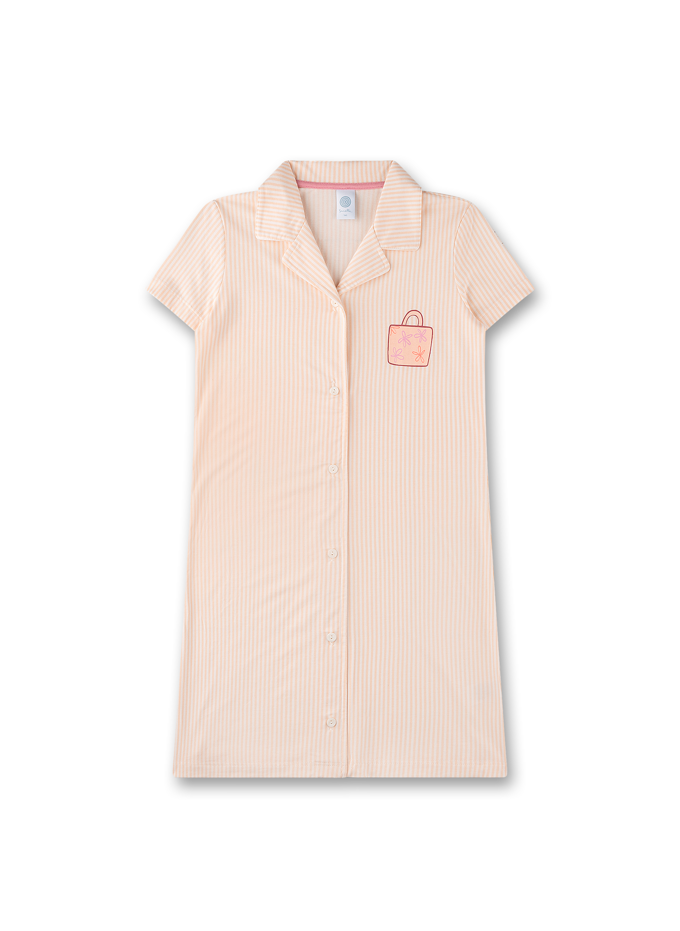 Pfirsichfarbene, gestreiftes Kleid, Kurze Ärmel, Knopfleiste, Aufgenähtes Logo-Patch