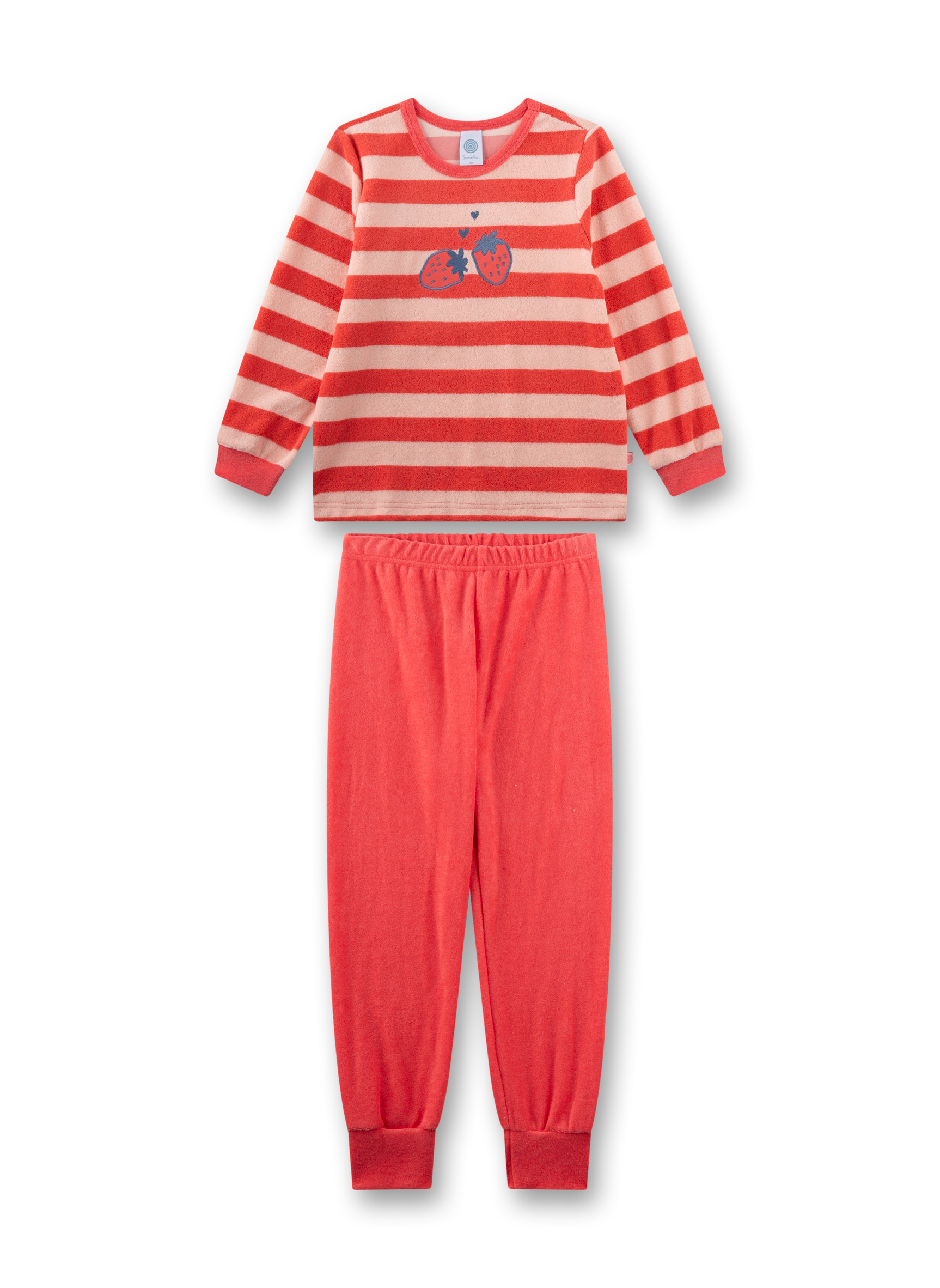 Mädchen-Schlafanzug langarm rot Erdbeere aus Frottee
