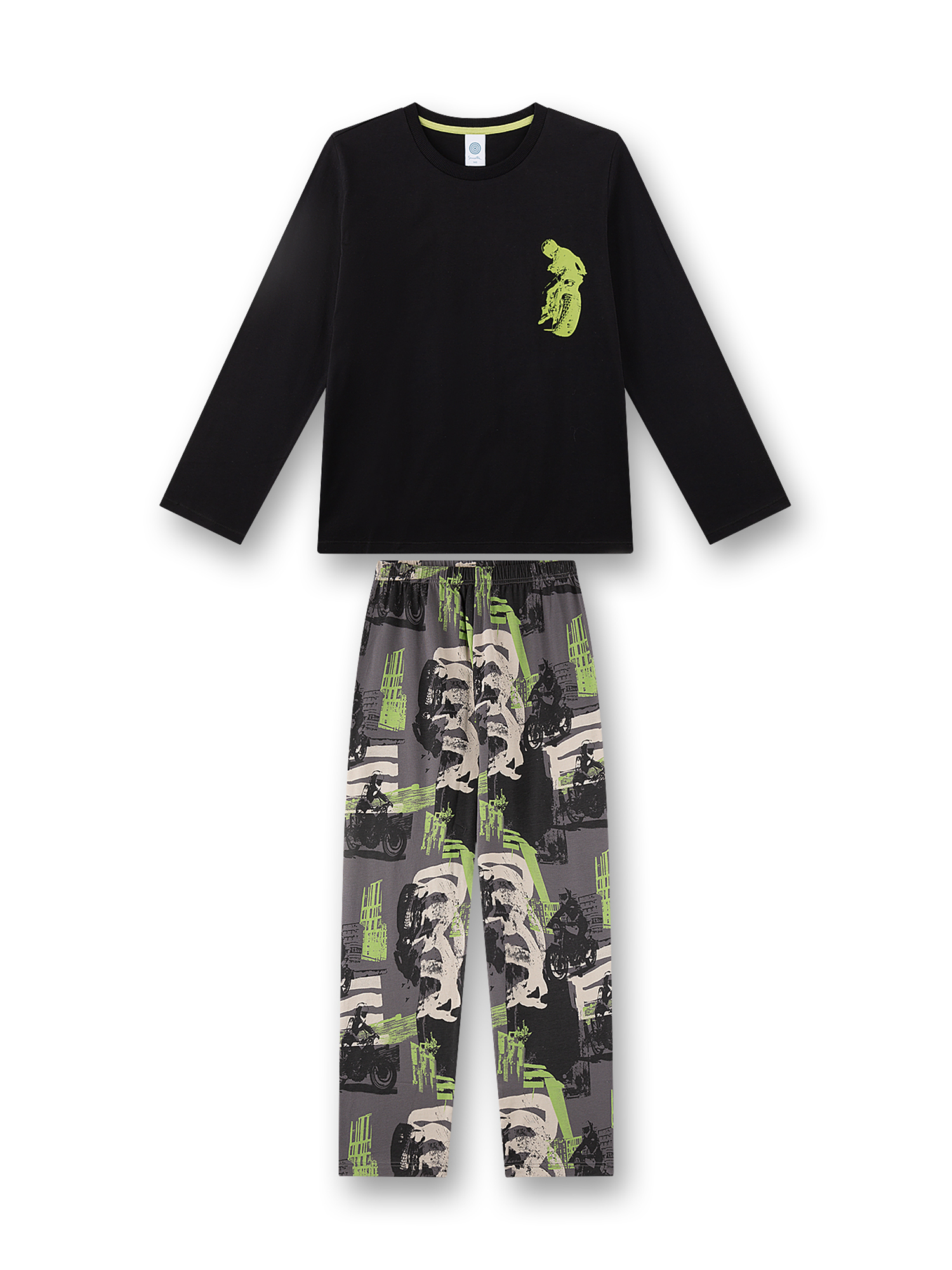 langarmshirt, schwarz, neon-grün, print, hose