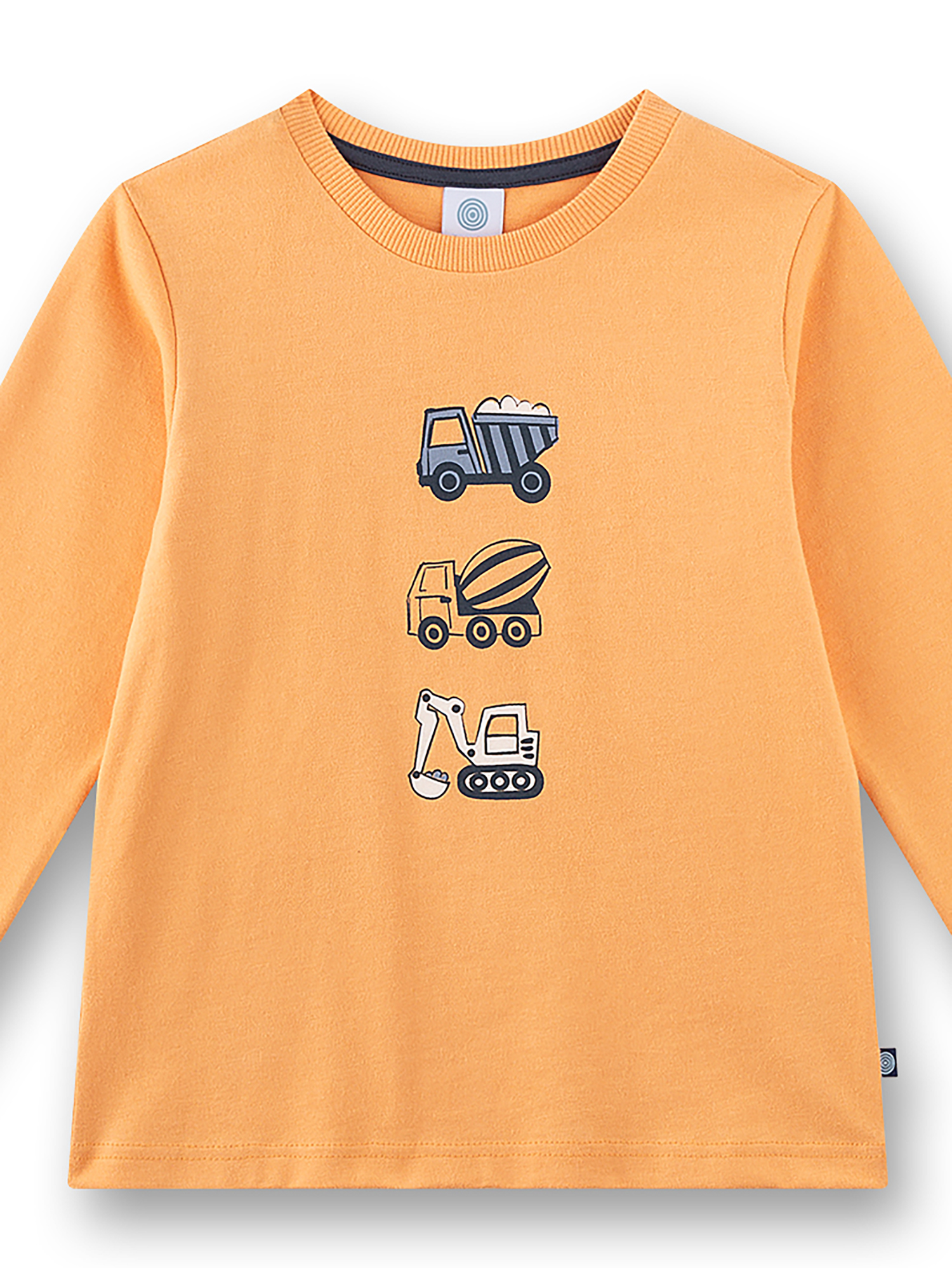 Kinderpullover, Orange, Motiv: Baustellenfahrzeuge, Rundhalsausschnitt, Langarm