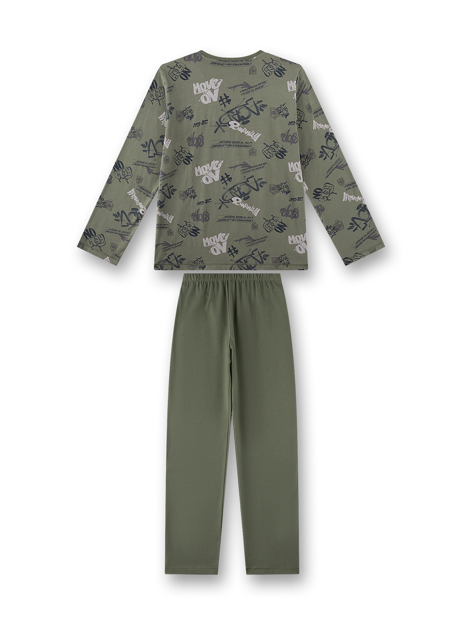Langarmshirt, Stickerprint, Olivegrün, Jogginghose, Graffiti-Print