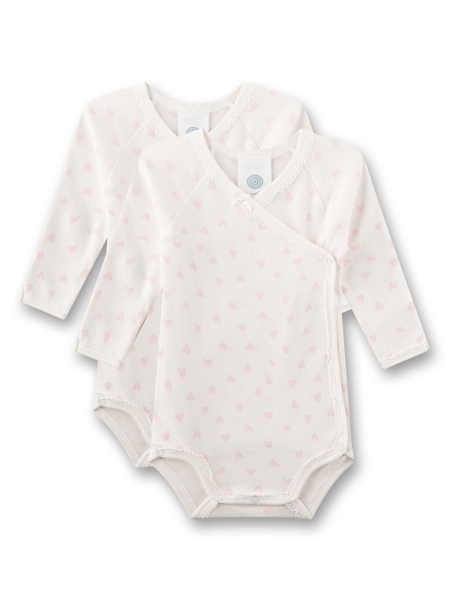 Baby-Bodysuit, Langarm, Weiß, Rosa Herzchen, Kimonowrap