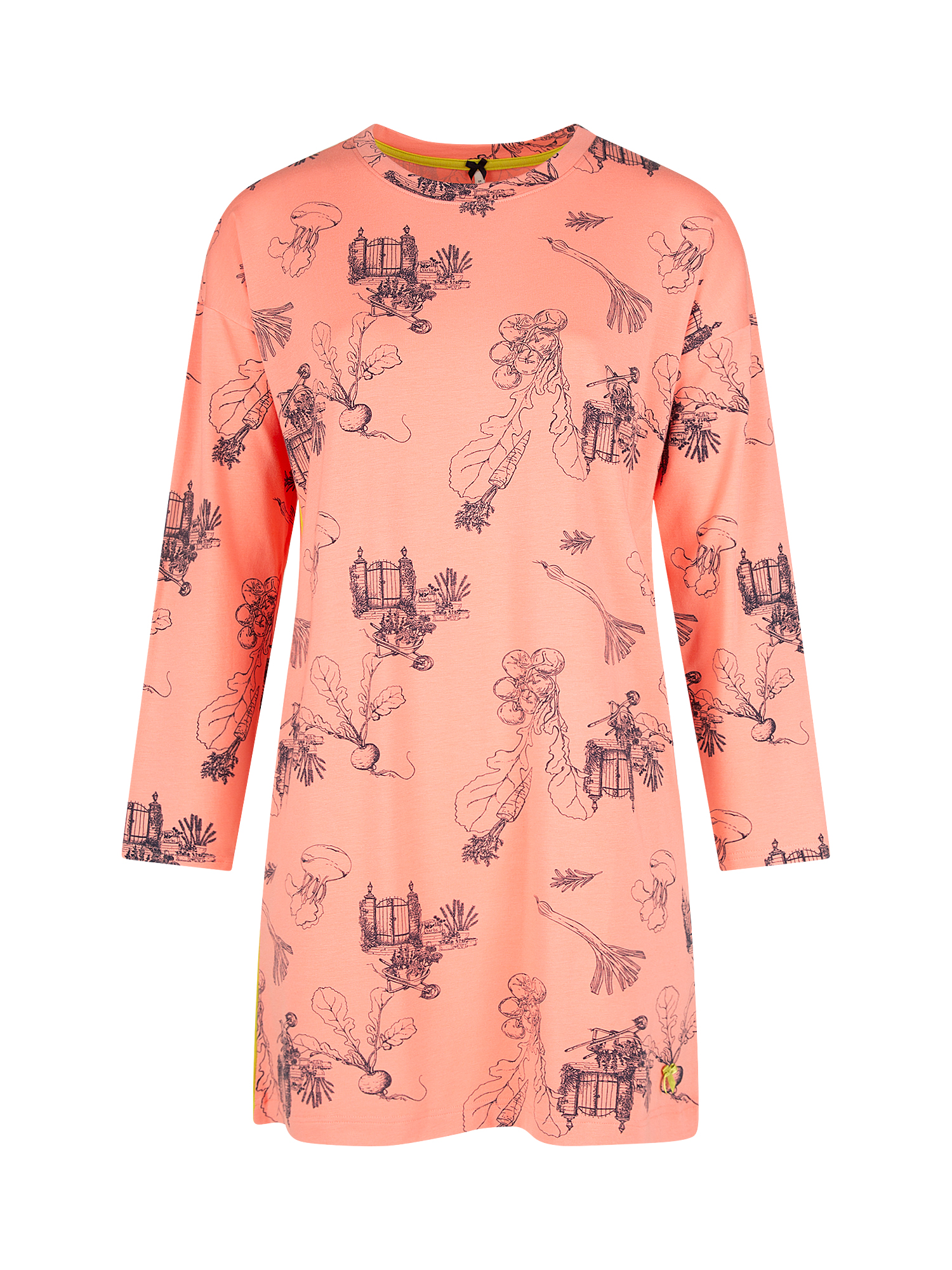 Langarmkleid, Pfirsichfarbe, Botanischer Druck, Rundhalsausschnitt, Knielange