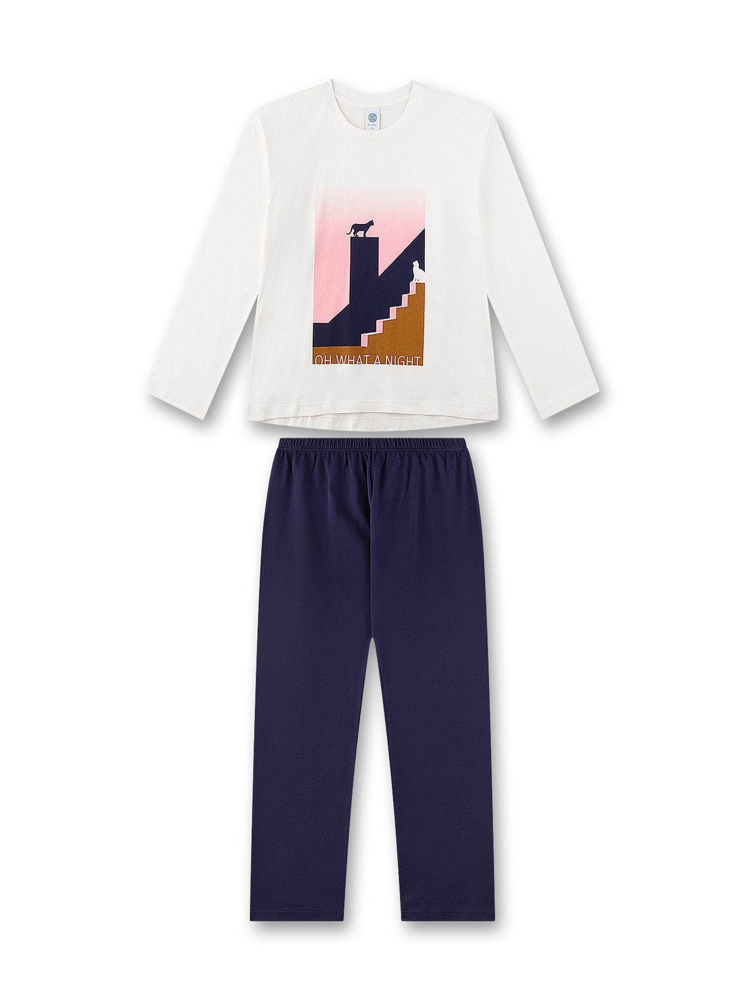 Langarmshirt, Grafikshirt, Weißes Oberteil, Treppen-Grafik, Hosen-Set