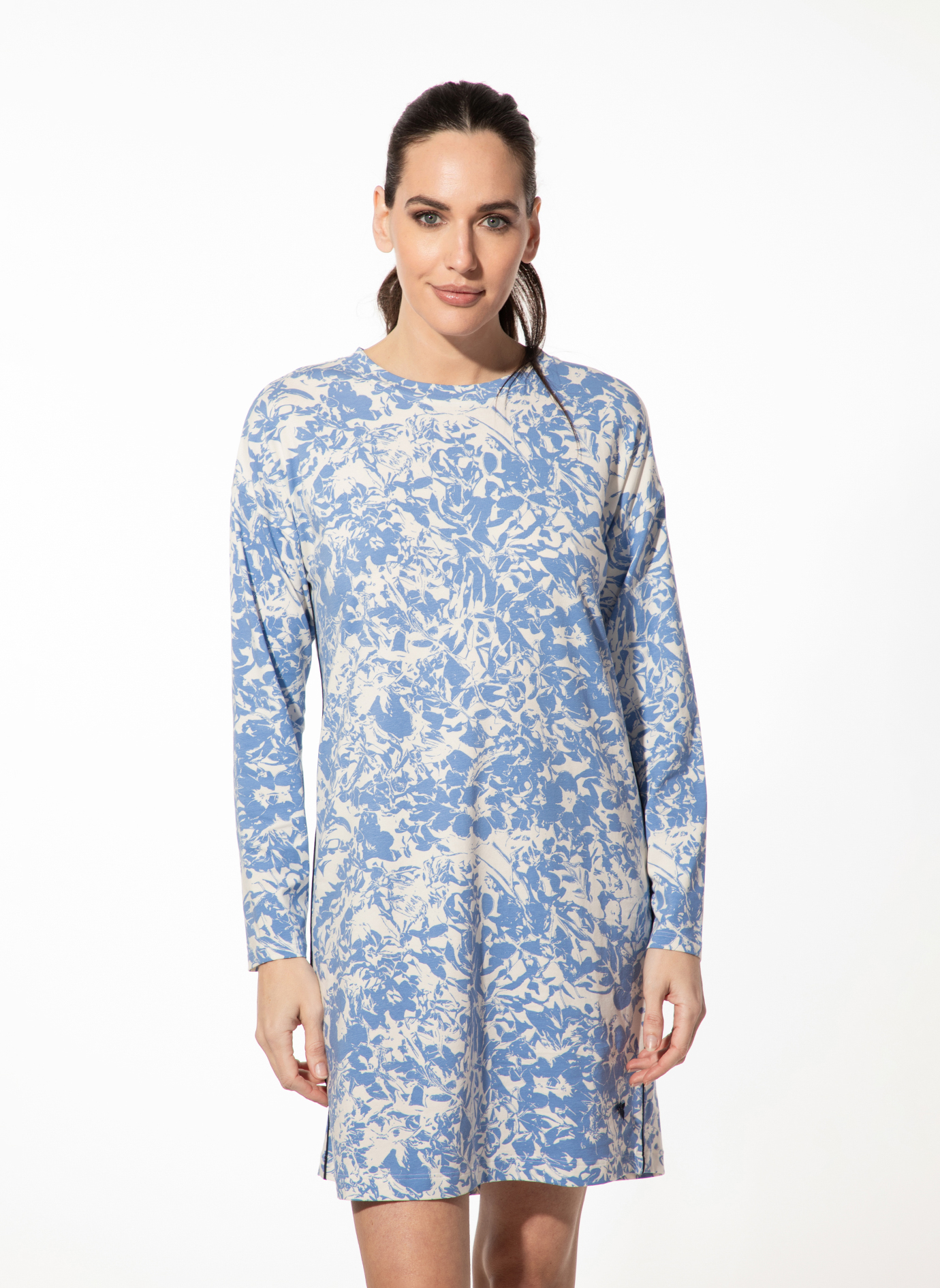 Damen Nachthemd langarm blau Blumen
