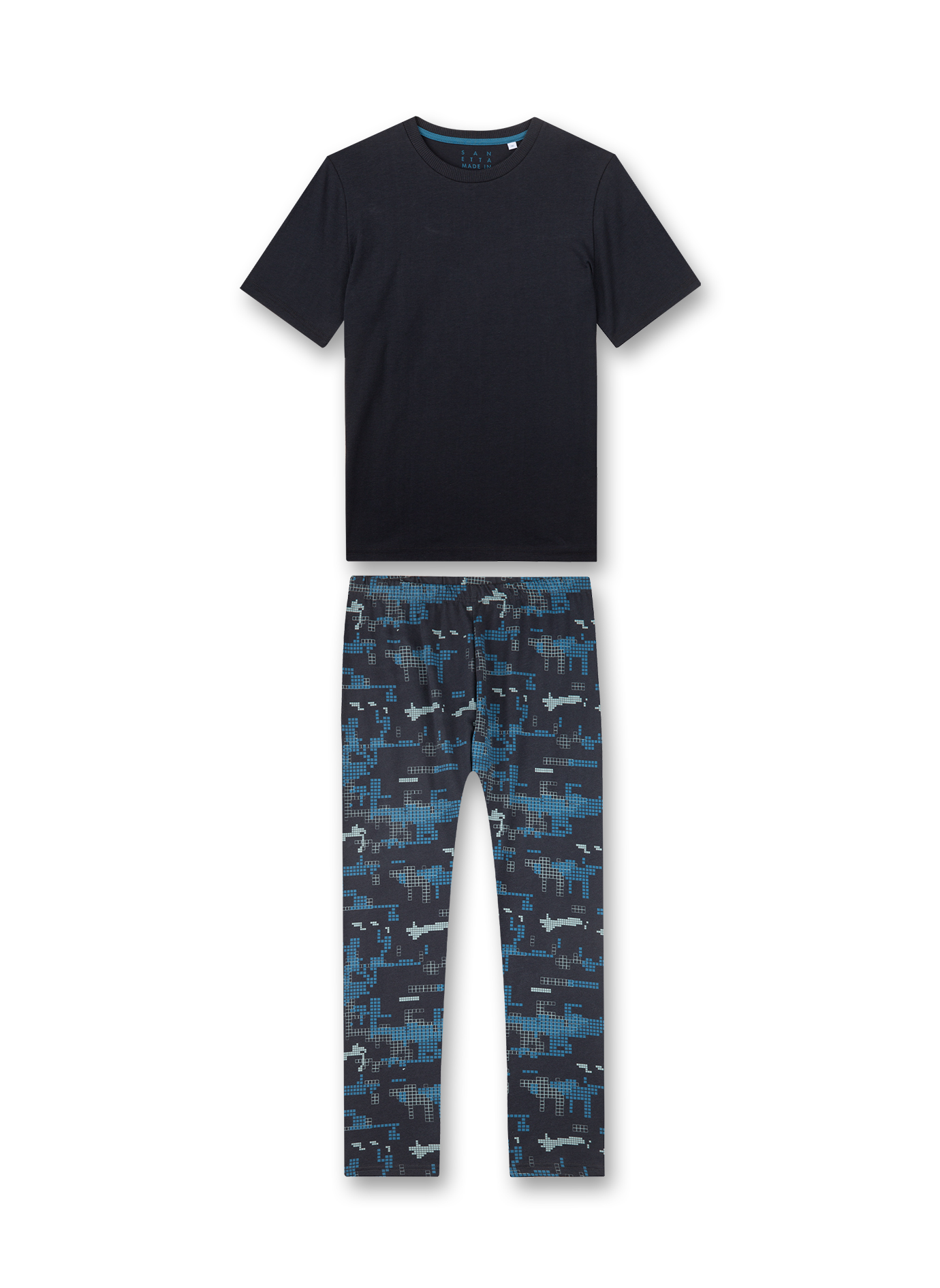 t-shirt, short sleeve, navy, solid, pants, patterned, camouflage, dark blue, kids, set