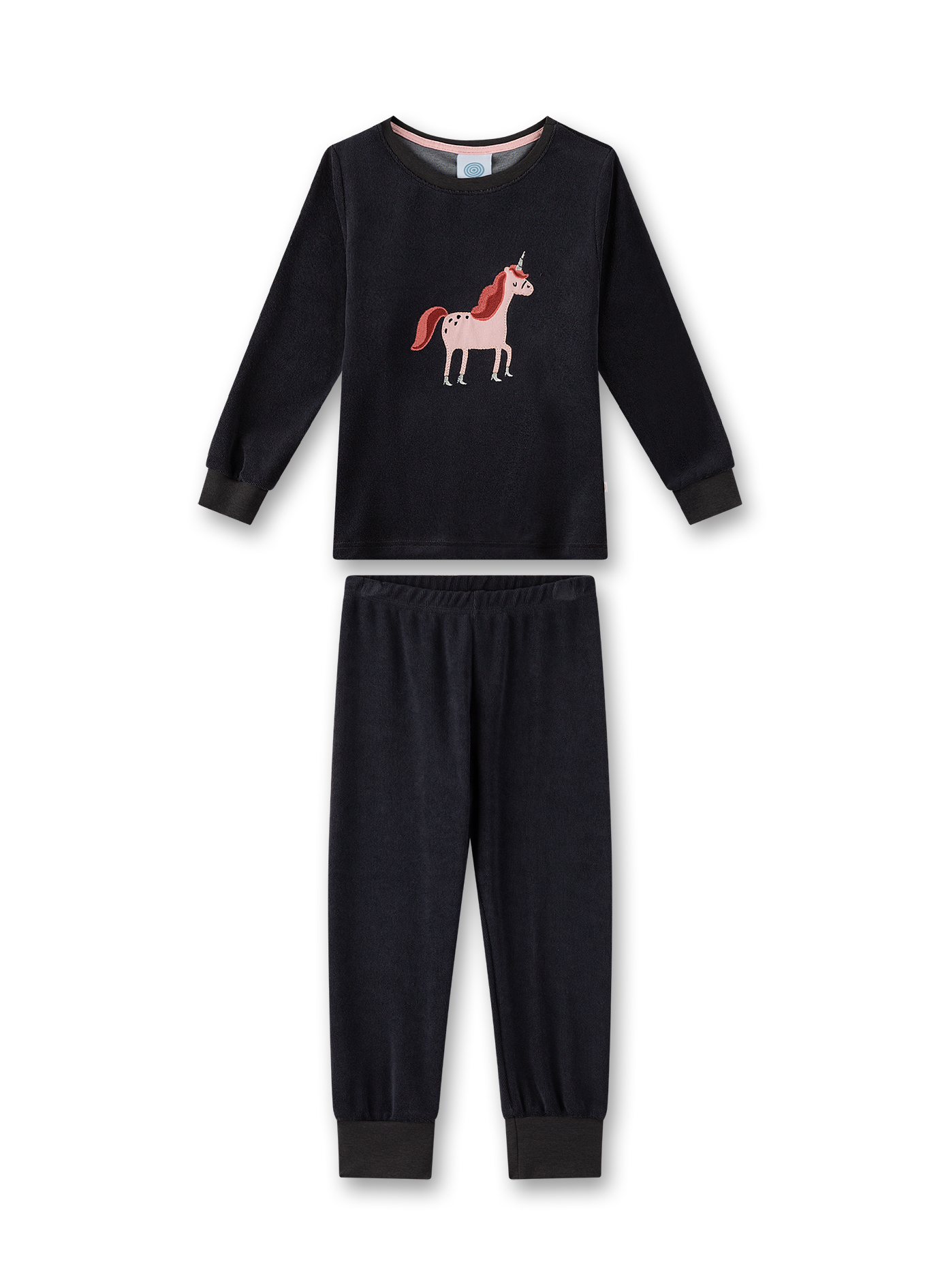 Mädchen-Schlafanzug lang schwarz Einhorn aus Frottee