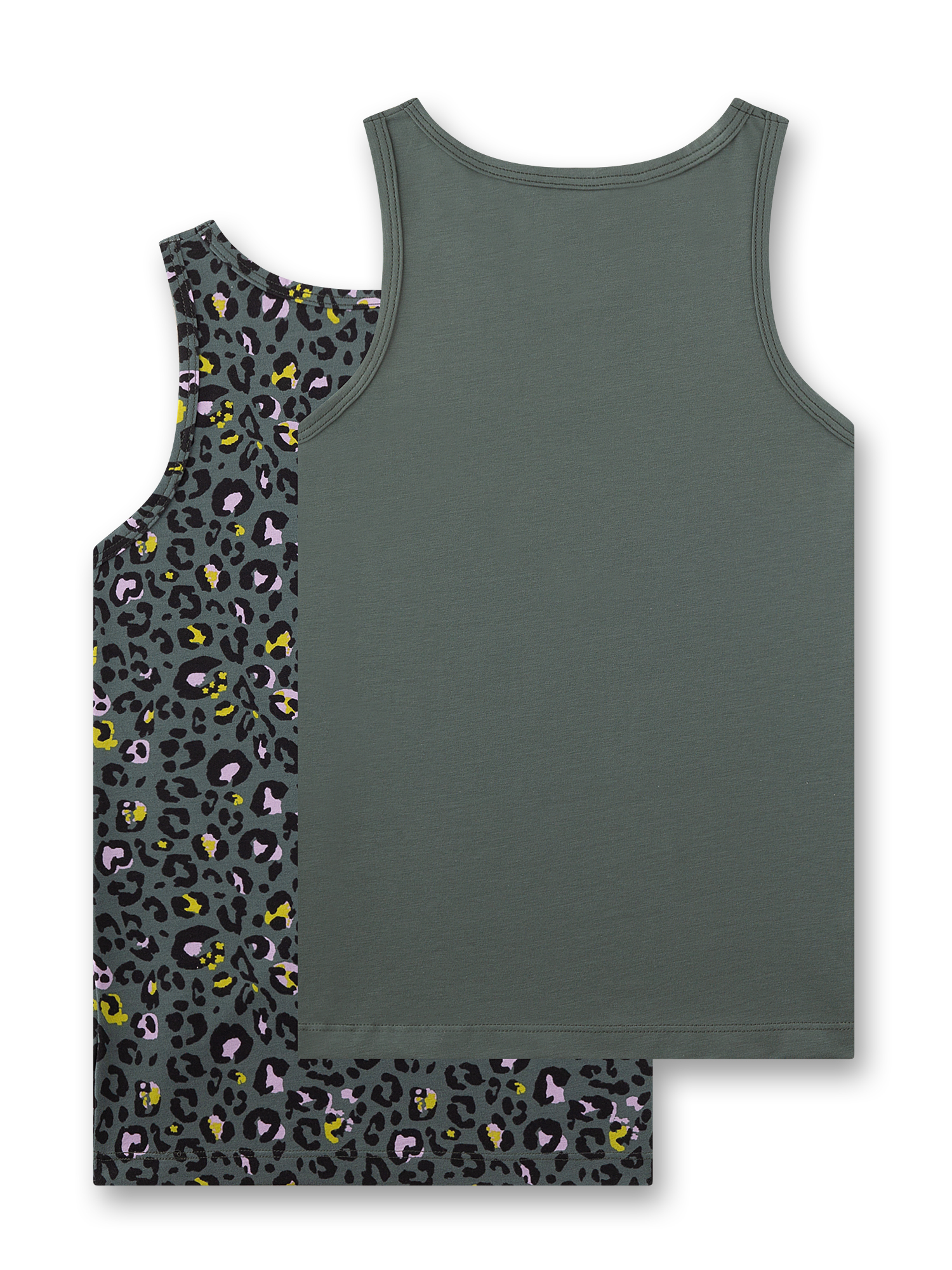 tank top, sleeveless, solid grey, leopard print trim, two-piece set