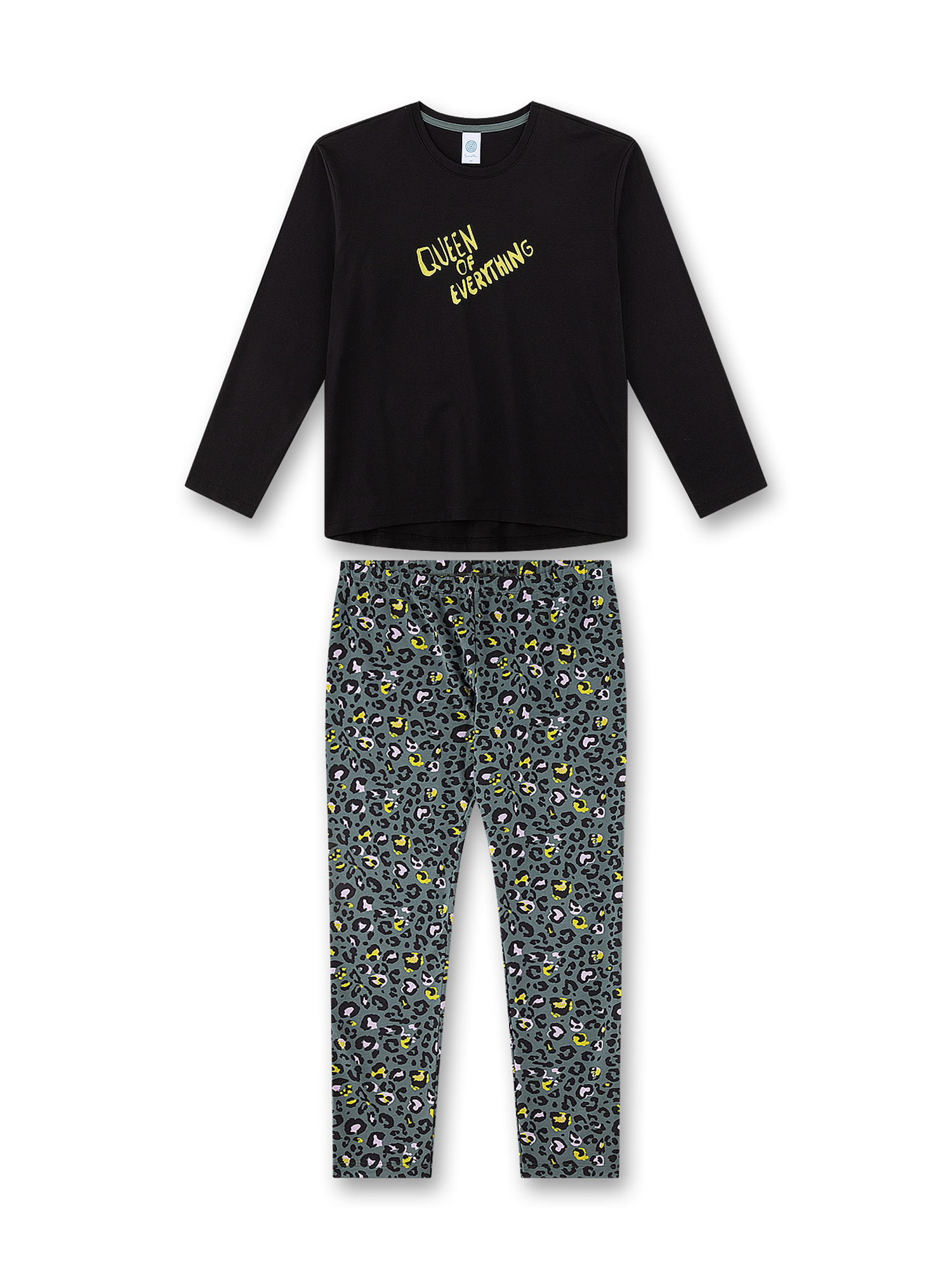 Schwarzes Langarmshirt, Loungewear, Kleidungset, Leopard-Print, Pyjamaparty-Set