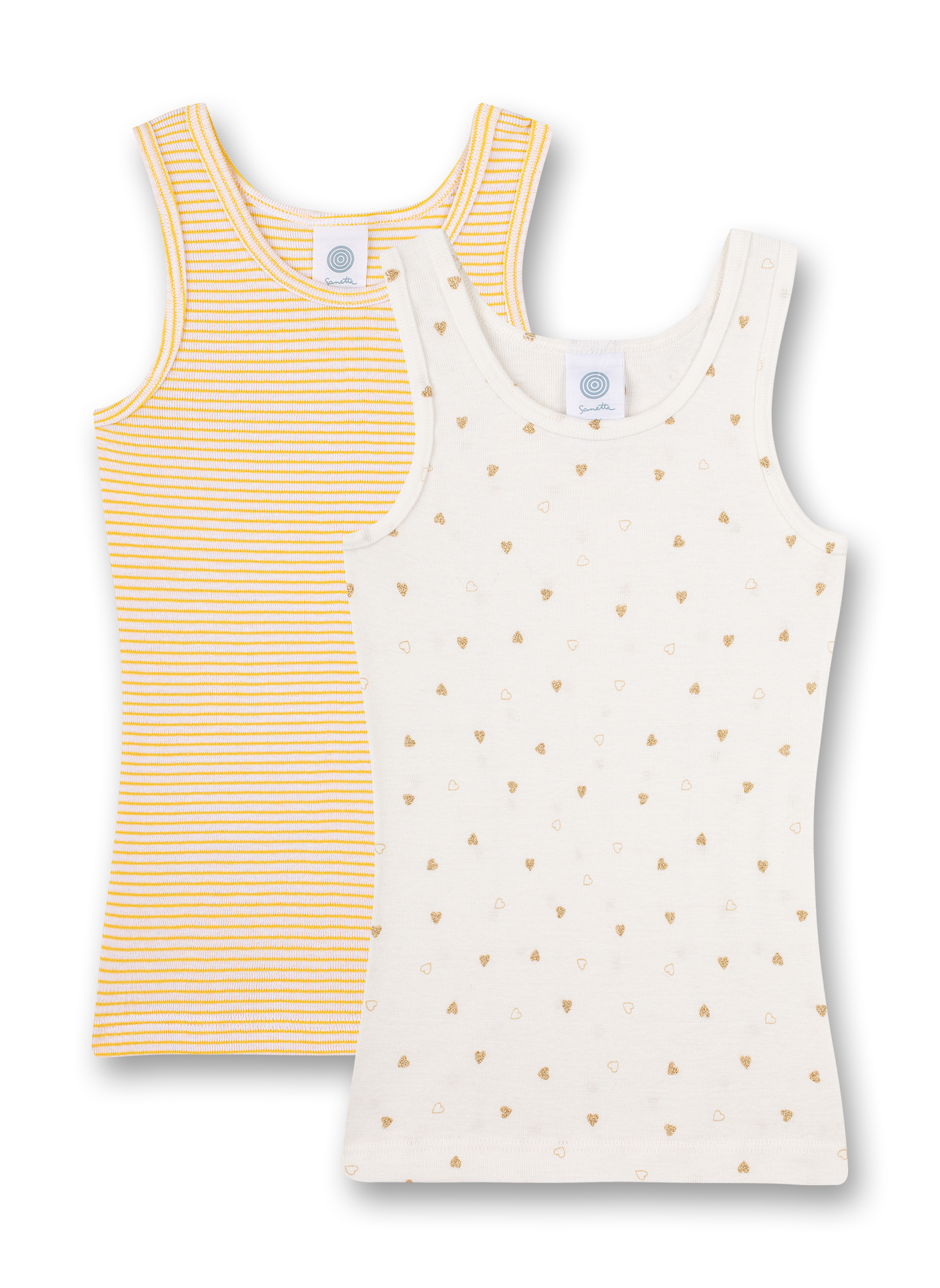 Mädchen-Unterhemd (Doppelpack) Off-White Herz-Allover und Gelb geringelt