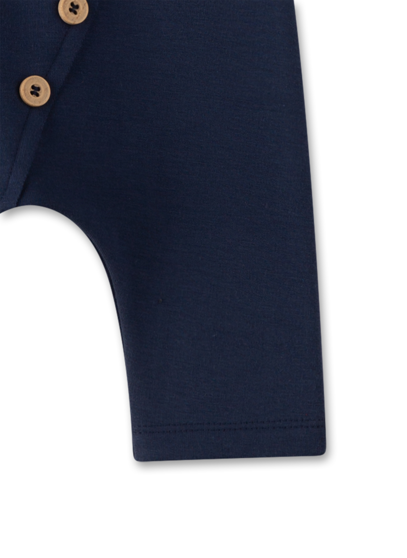 navy polo, short sleeve, button placket, cotton blend, brown buttons