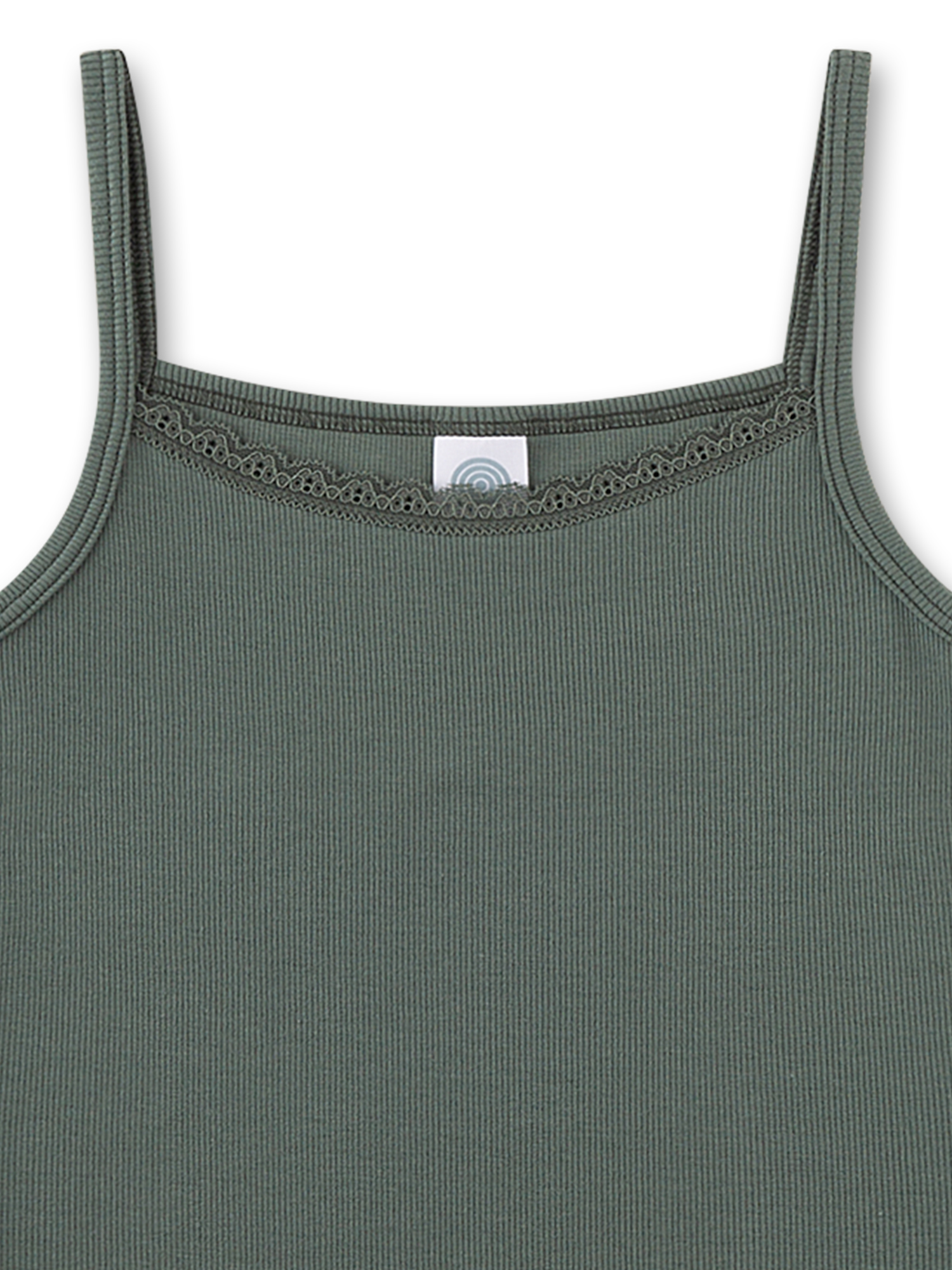 Tanktop, Spaghetti-Träger, Rippstrick, Olivgrün, Spitzenverzierungen